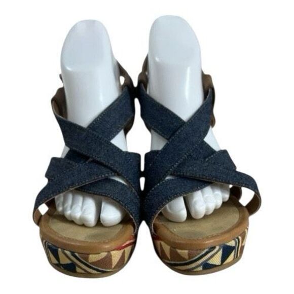 Levi’s Heels Women Size 8 Slingback Platform Blue Canvas Wedge Bohemian Open Toe - Picture 3 of 13